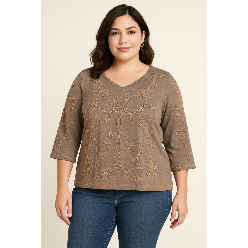 CJ Banks Top Womens Plus Size 2X Taupe Floral Metallic‎ Gold Embroidered Knitted